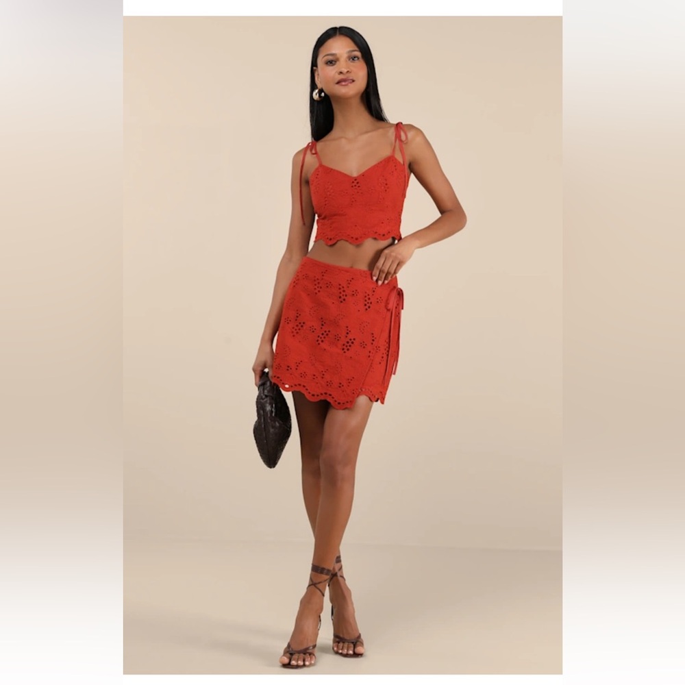 Lulus Kamilla Rust Red Eyelet Embroidered Mini Wrap Skirt